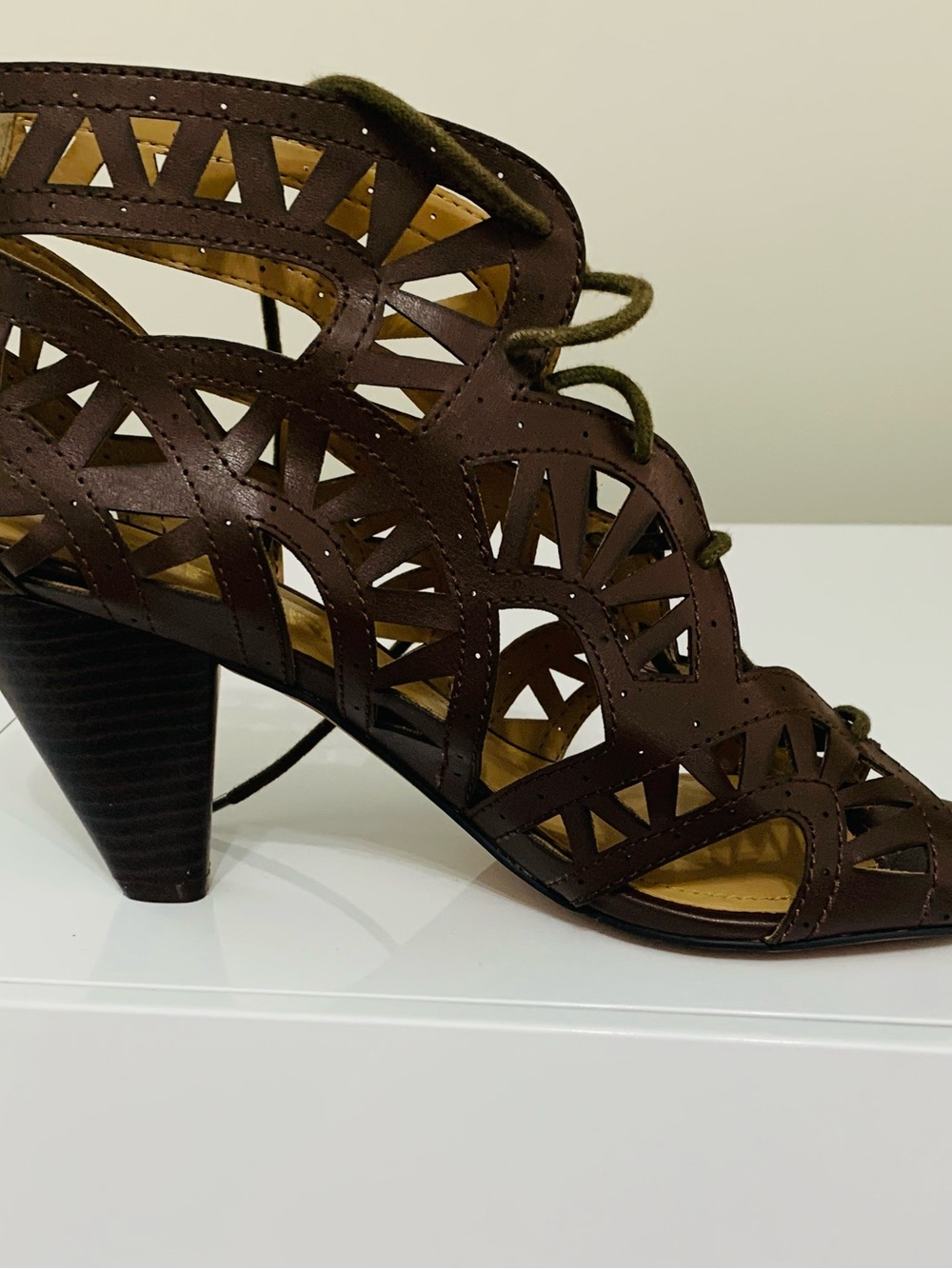 Report Brown Laser-Cut Lace-Up Heel Sandals